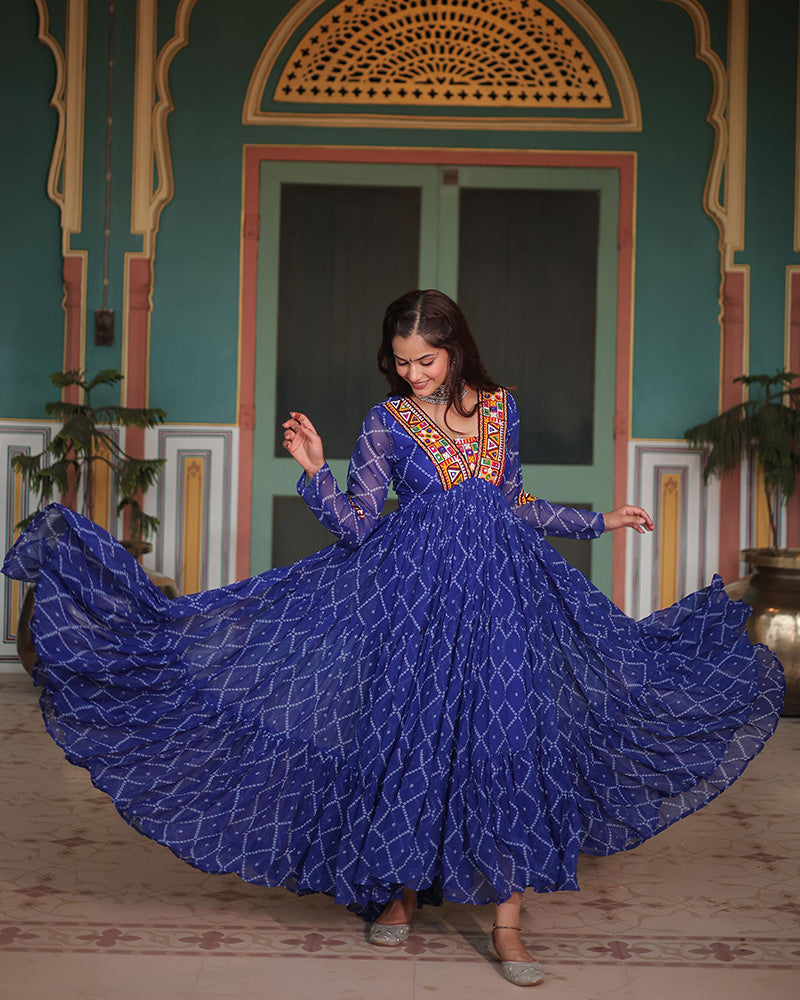 Blue Color Georgette Bandhej Print Navratri Gown