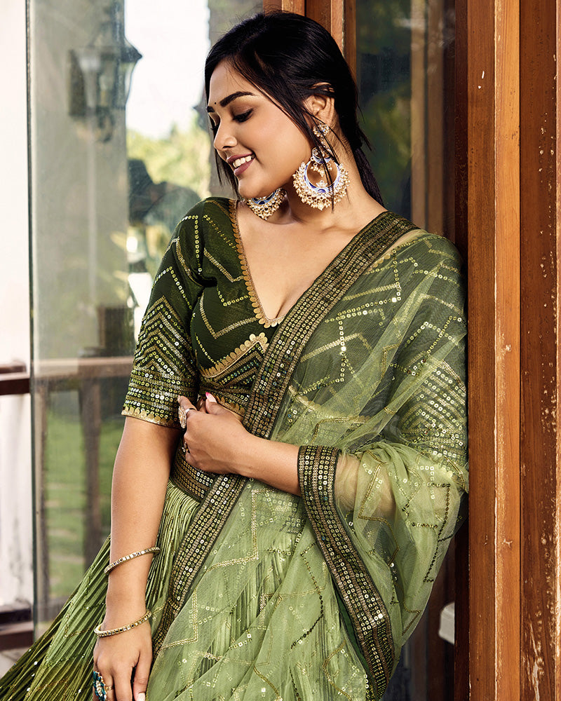 Green Color Chinon Embroidered Lehenga Choli