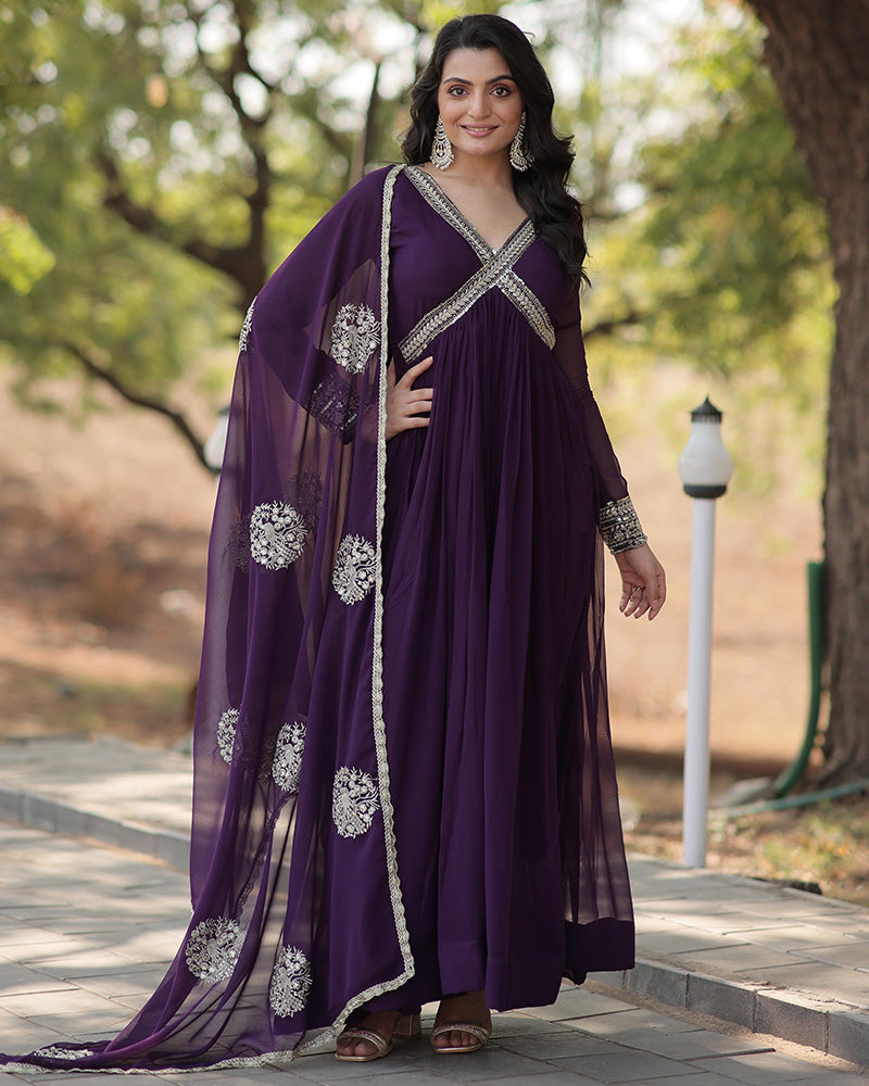 Wedding Wear Embroidered Wine Color Alia Cut Gown With Dupatta