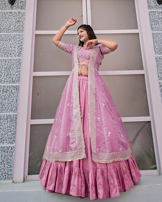 Western Style Baby Pink Color Joya Silk Embroidered Lehenga Choli