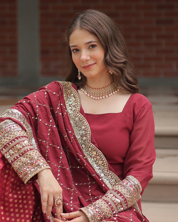 Maroon Color Georgette And Jacquard Sharara Suit