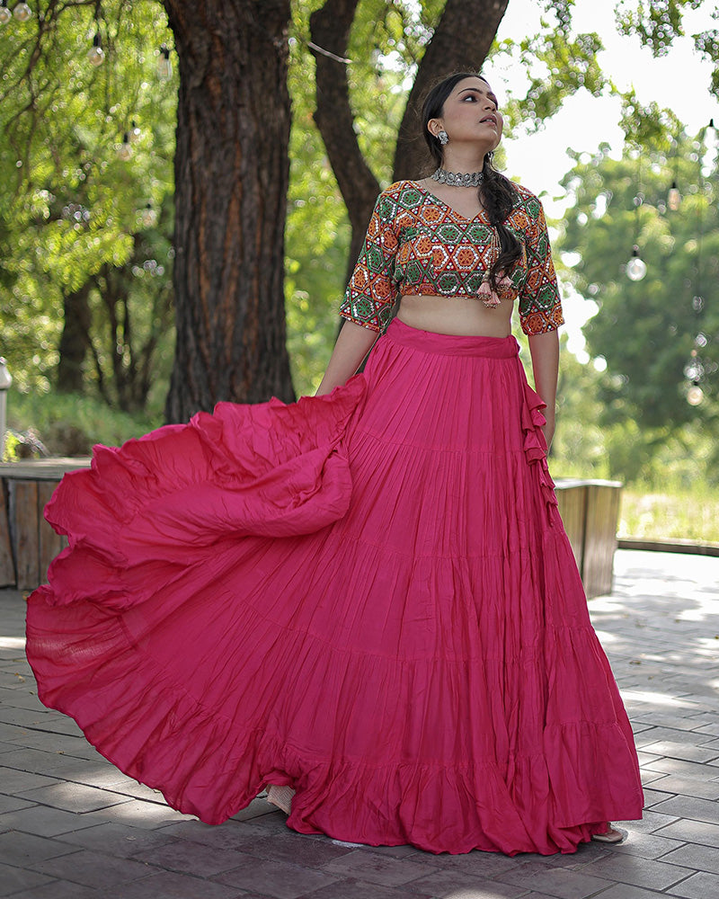 Pink Color Rayon Full Flair Navratri Lehenga Choli