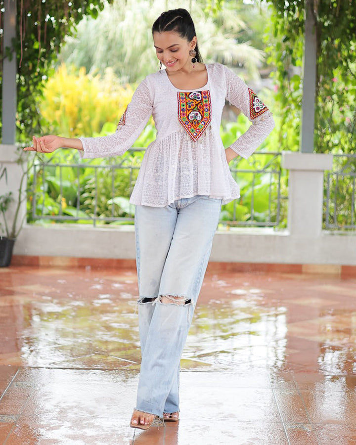 White Color Georgette Schiffli Work Navratri Kediya