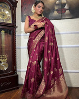 Wine Color Big Flower Design Banarasi Soft Silk Saree