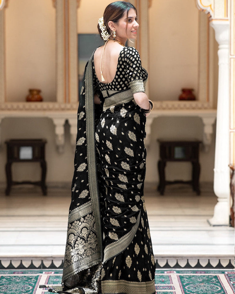 Black Color Banarasi All Over Jacquard Soft Silk Saree