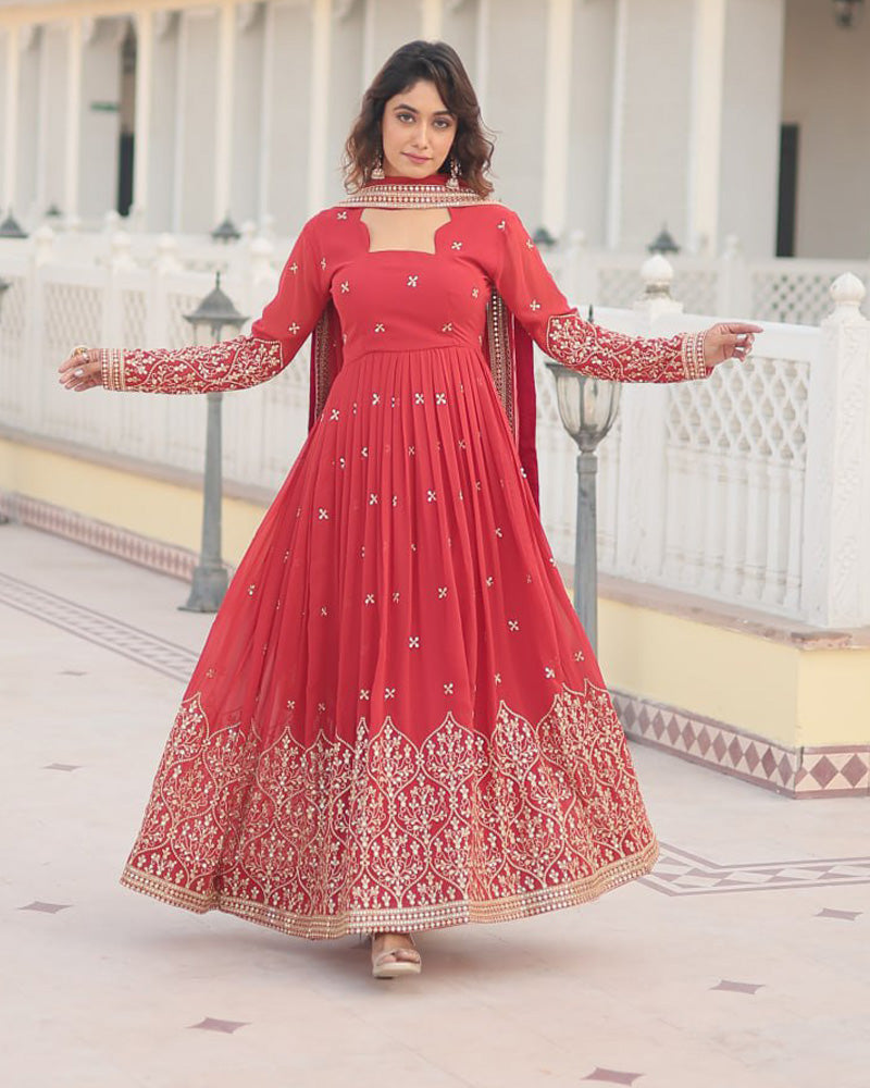 Faux Georgette Red Color Anarkali Gown With Sequence Embroidery Dupatta