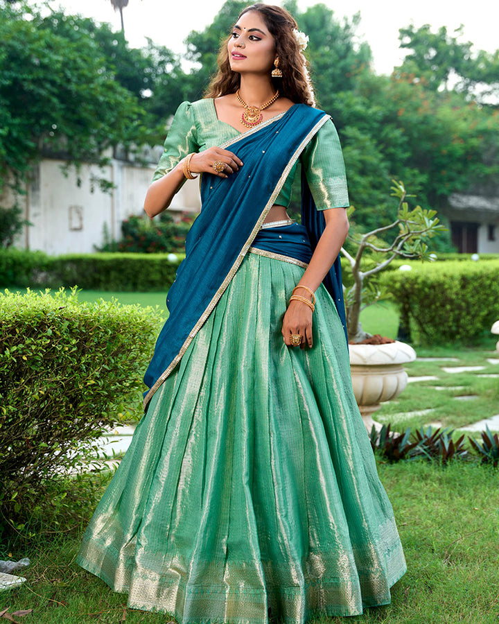 Pista Color Kanchipuram Designer Lehenga Choli