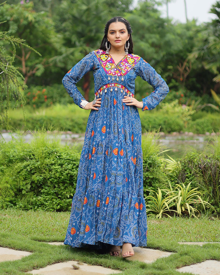 Blue Color Georgette Kutchi Work Navratri Gown