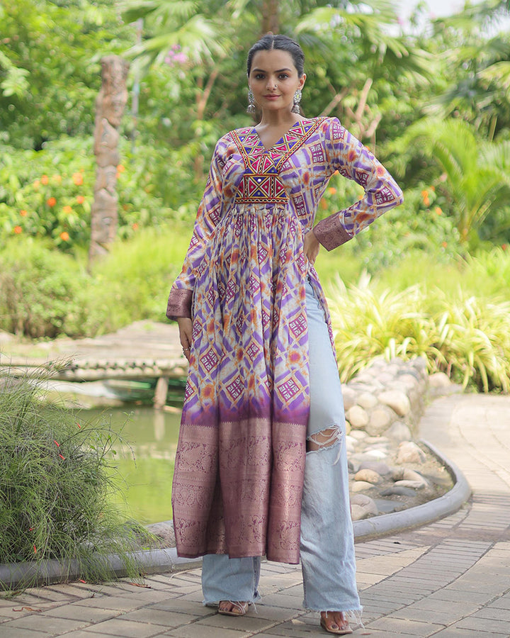 Lavender Color Cotton Printed Navratri Kurti