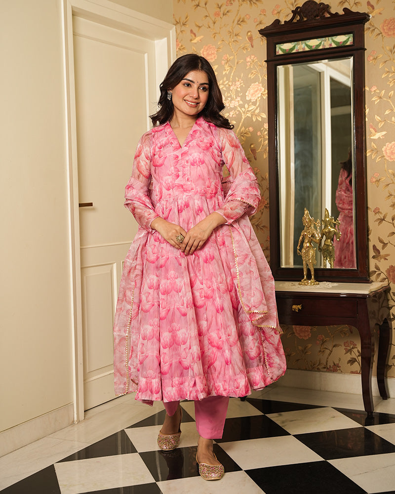 Baby Pink Color Printed Tebby Organza Three Piece Anarkali Suit