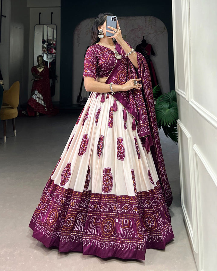 Wine Color Tussar Silk Bandhej Printed Lehenga Choli