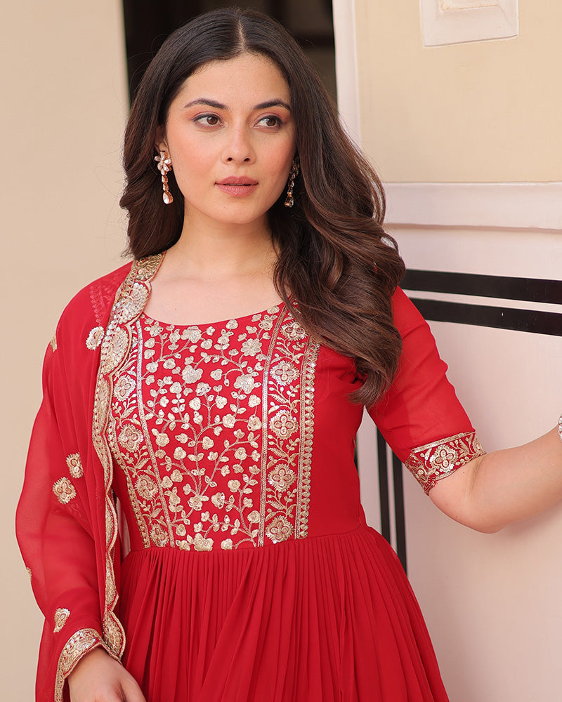 Designer Red Anarkali Gown With Golden Embroidery
