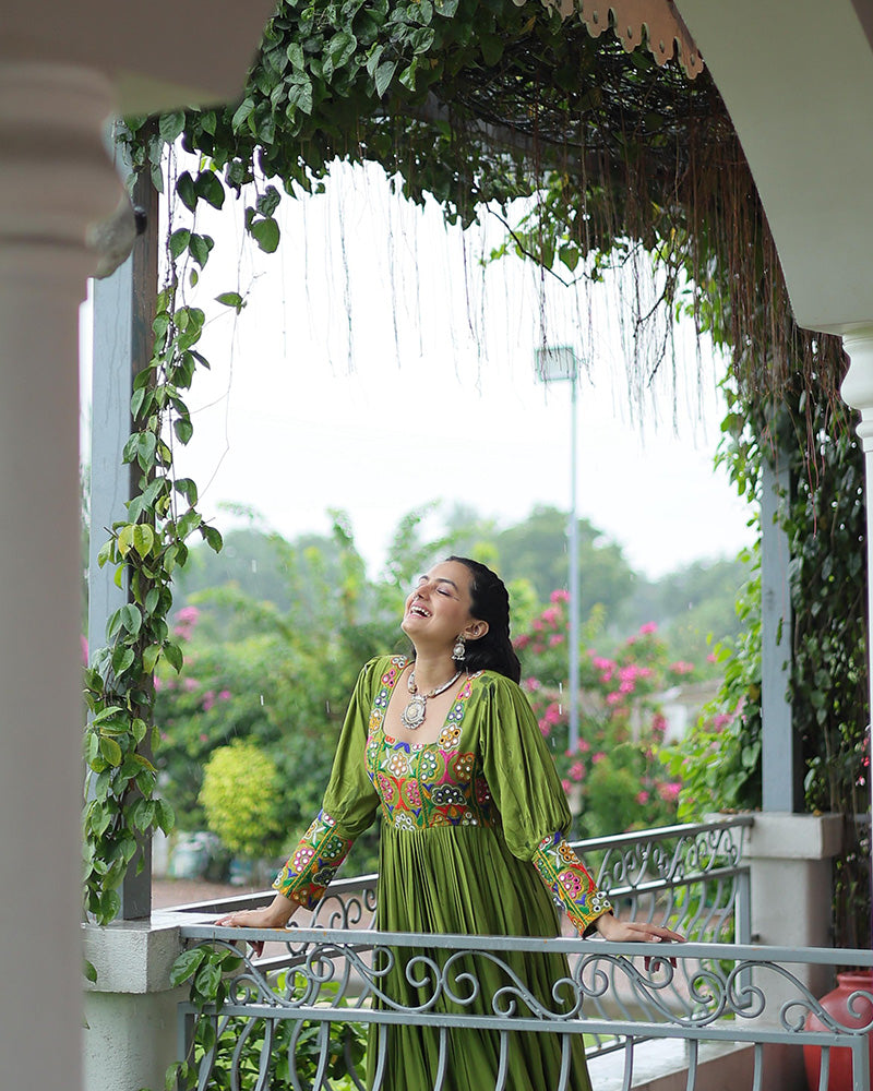 Parrot Green Color Rayon Navratri Gown