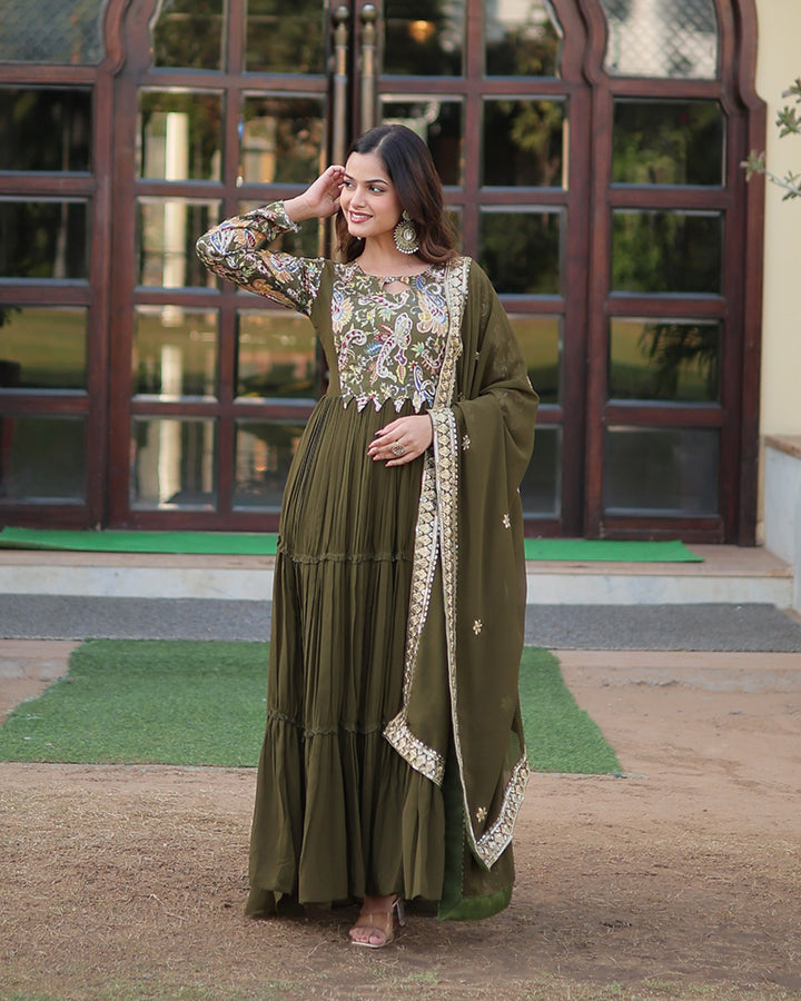 Mehndi Color Frill Georgette Gown With Dupatta