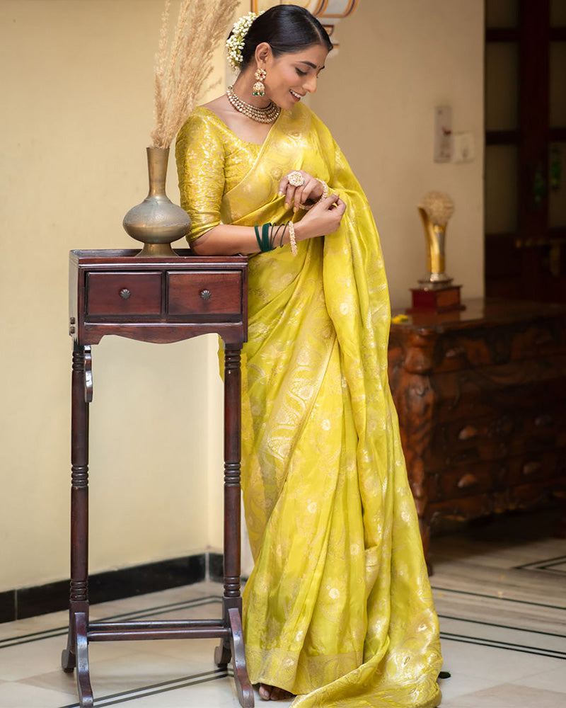 Lemon Color Banarasi Jacquard Zari Weaving Saree