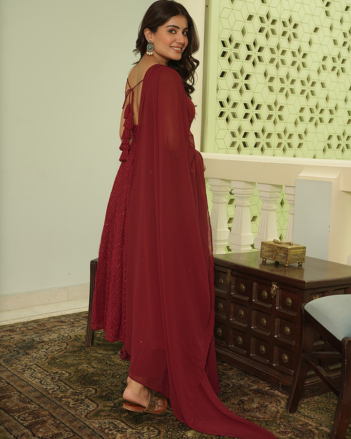 Maroon Color Georgette Lucknowi Three Piece Kurti Suit