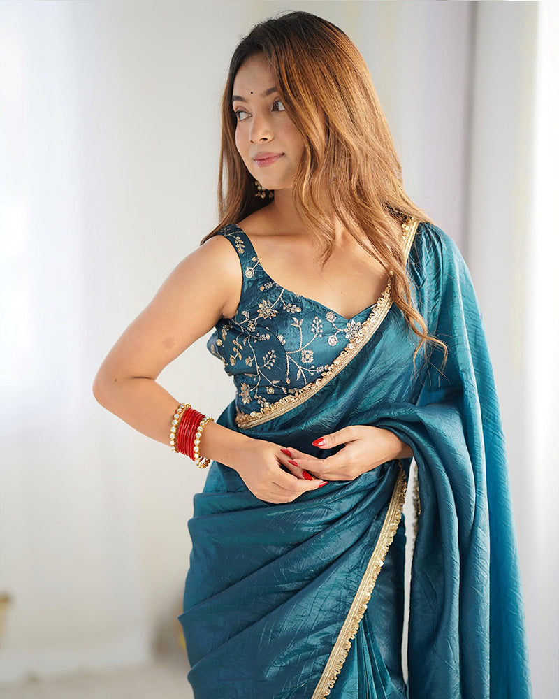 Teal Blue Color Tissue Silk Pre Drapped Saree