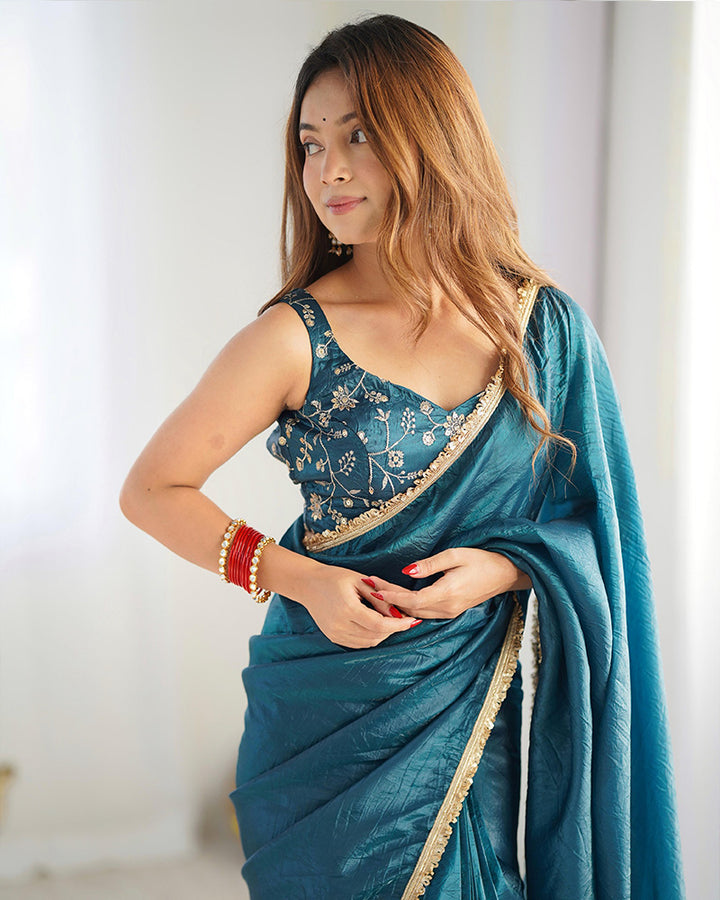 Teal Blue Color Tissue Silk Pre Drapped Saree