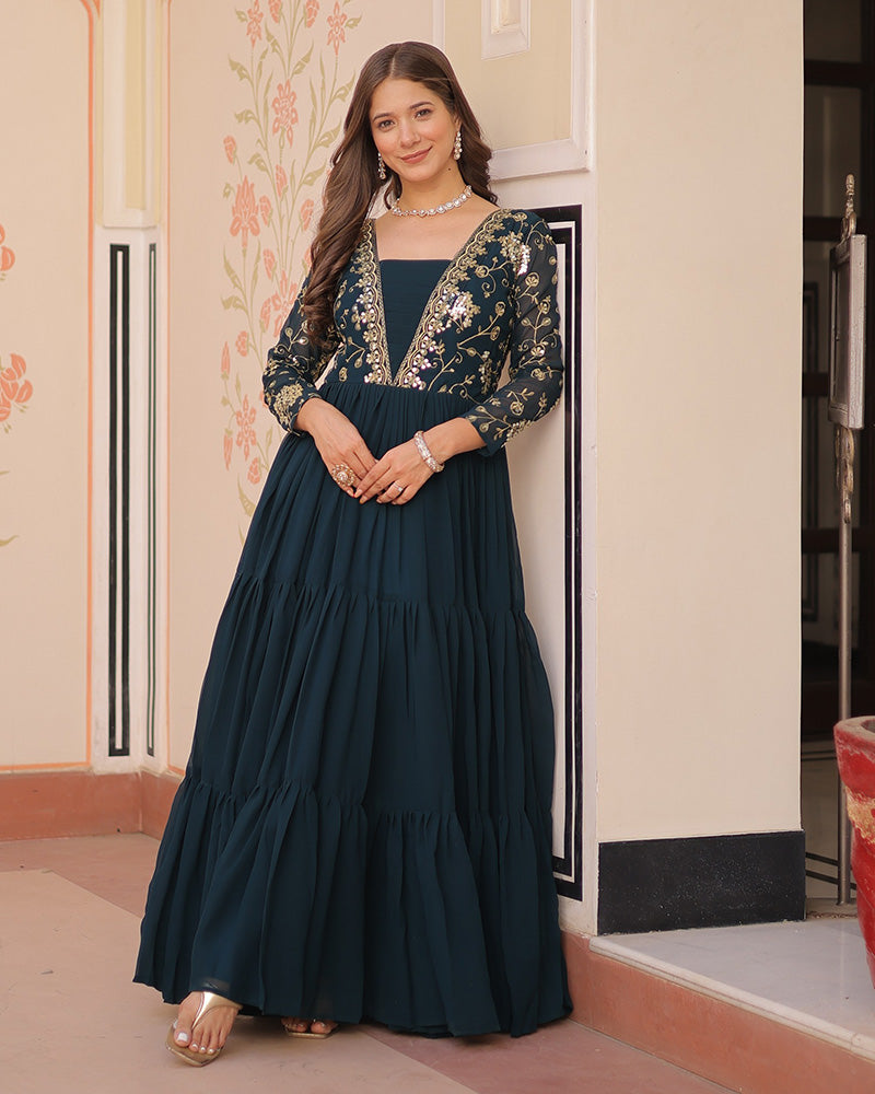 Elegant Rama Floor-Length Gown With Golden Threadwork