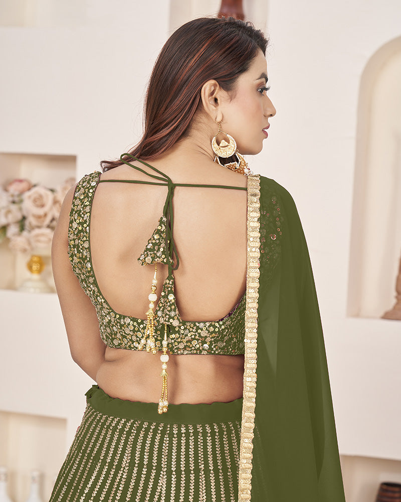 Olive Green Color Georgette Embroidered Semi Stitched Lehenga Choli