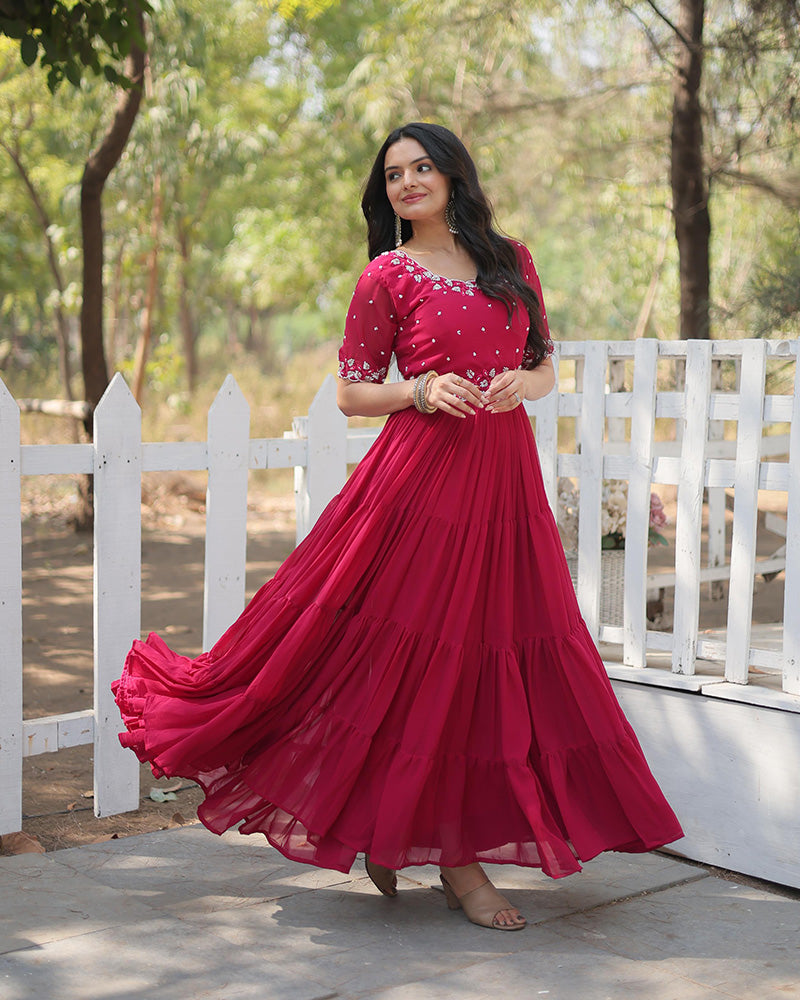 Rani pink Color Faux Blooming Embroidered Anarkali Gown