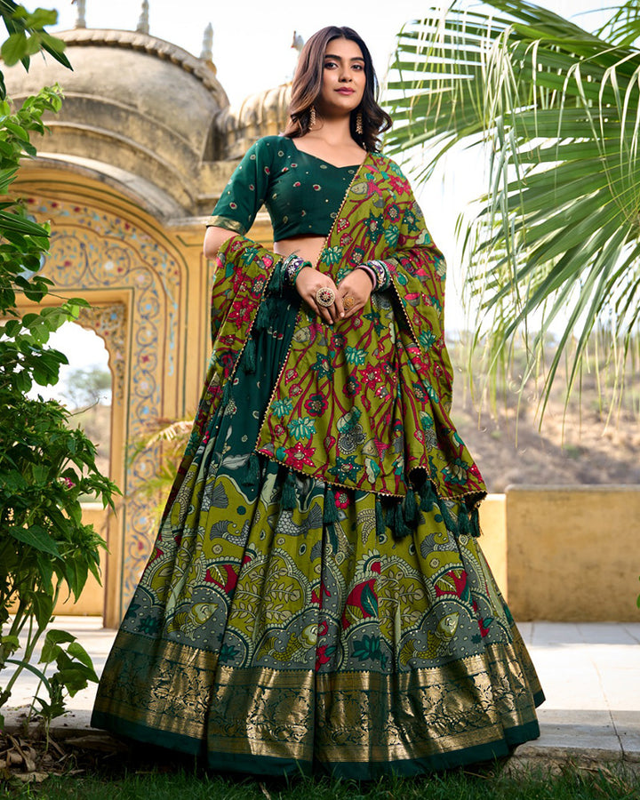 Green Color Tussar Silk Kalamkari Printed Navratri Lehenga Choli