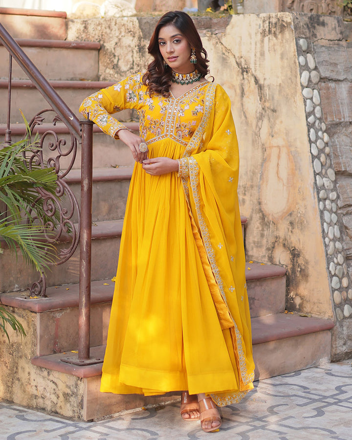 Mustard Color Faux Blooming Zari Embroidered Work Gown