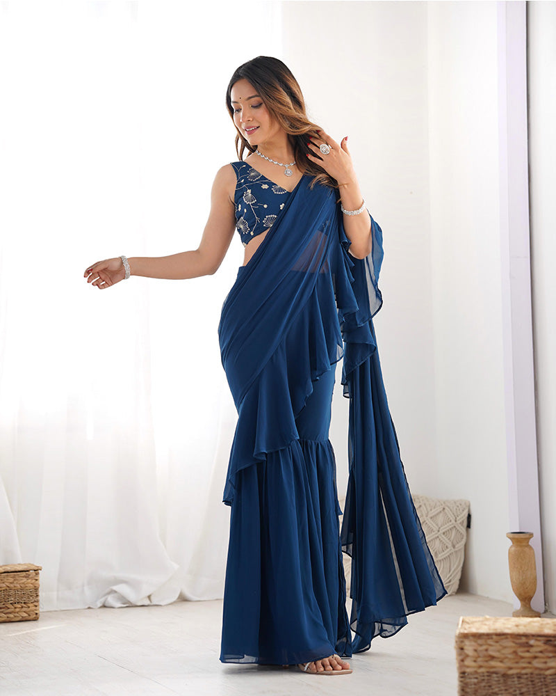 Teal Blue Color Faux Georgette Fancy Sharara Saree