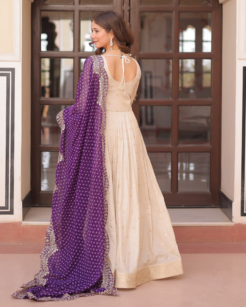 Off-White Color Jacquard Gown With Purple Dupatta