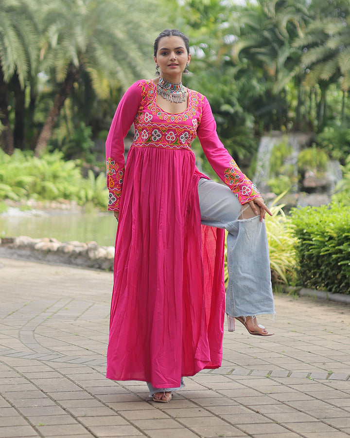 Pink Color Rayon Gamthi Work Navratri Kurti