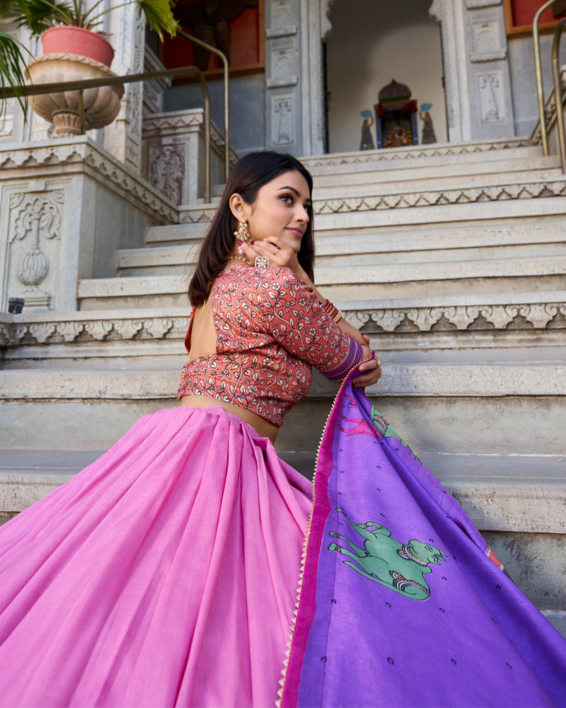 Peach Color Tussar Silk Kalamkari Printed Lehenga Choli