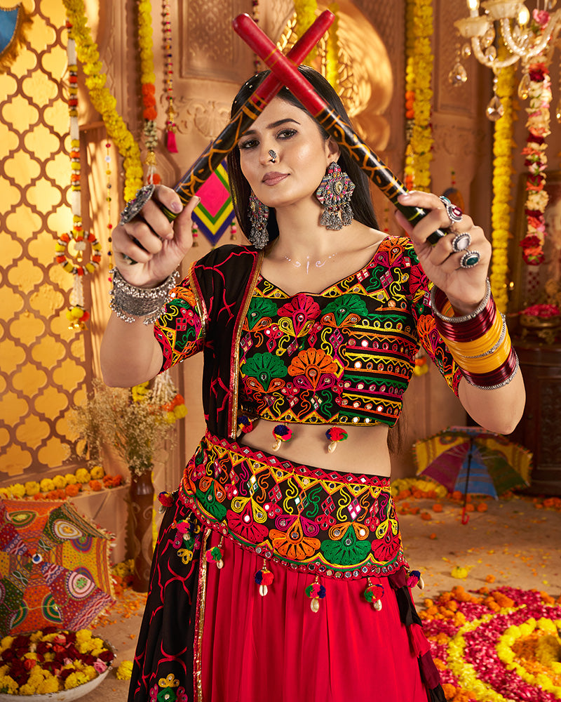 Traditional Red Multi Color Thread And Mirror Work Lehenga Choli