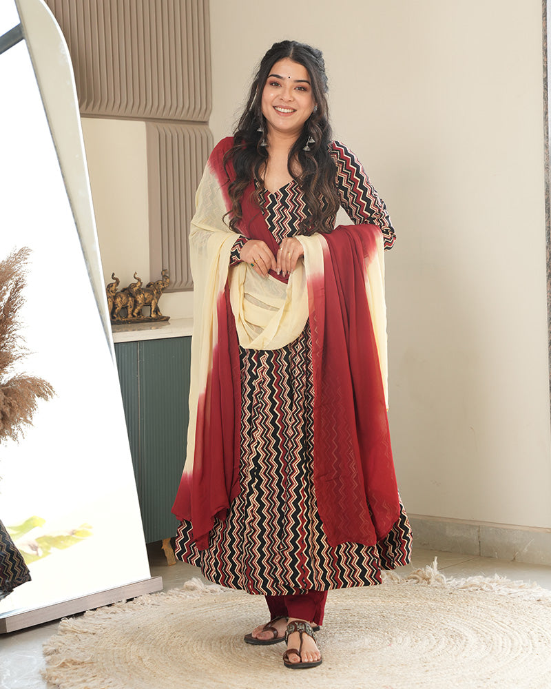 Black Color Laheriya Printed Pure Cotton Anarkali Suit