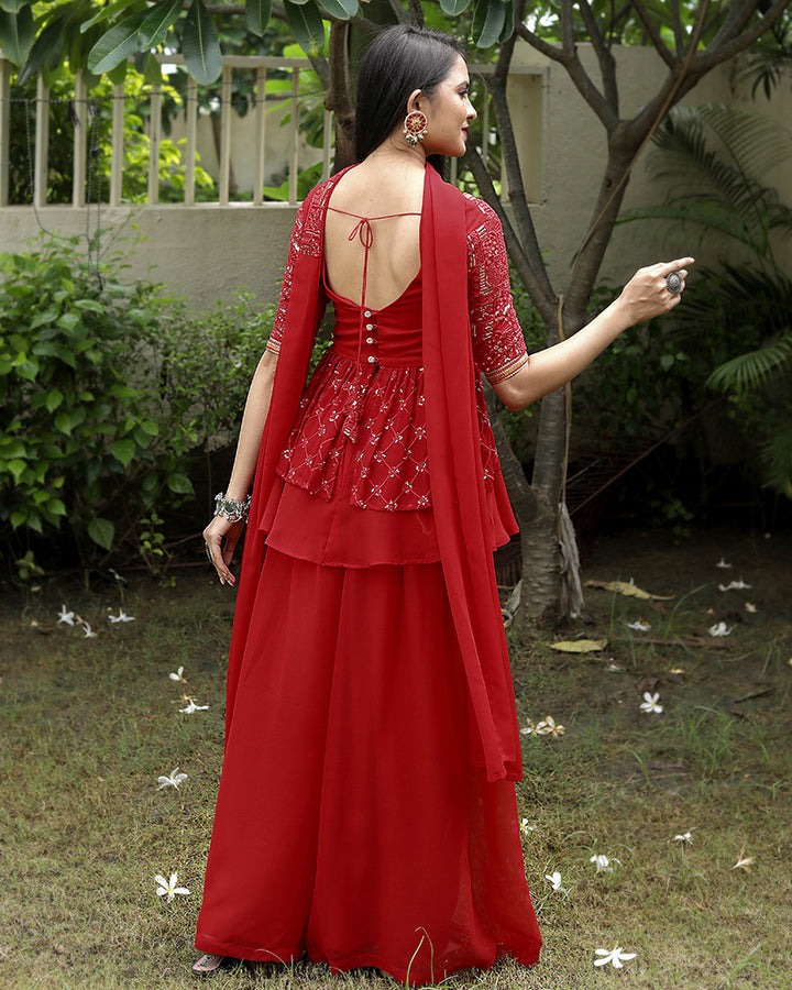 Red Color Georgette Embroidery Work Three Piece Sharara Suit