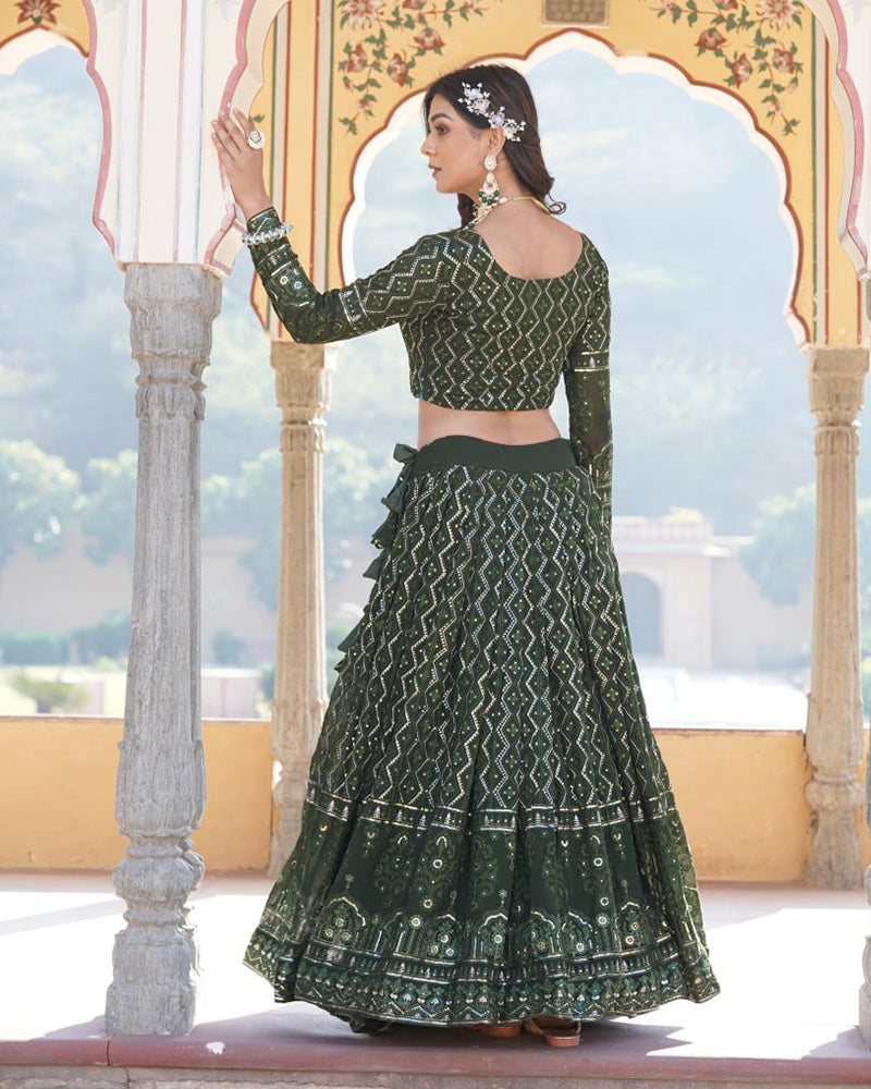 Dark Green Color Georgette Heavy Embroidery Threaded Semi Stitched Lehenga Choli