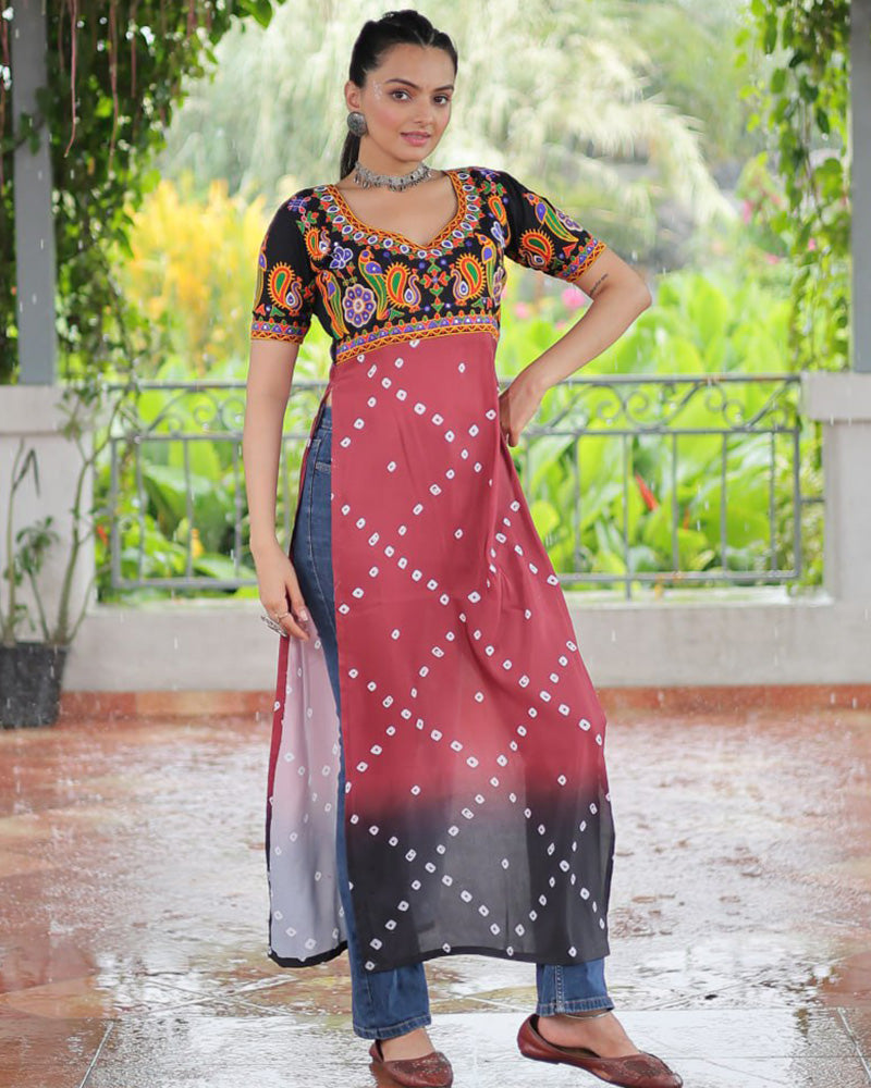 Traditional Maroon Black Color Bandhani Print Navratri Kurti