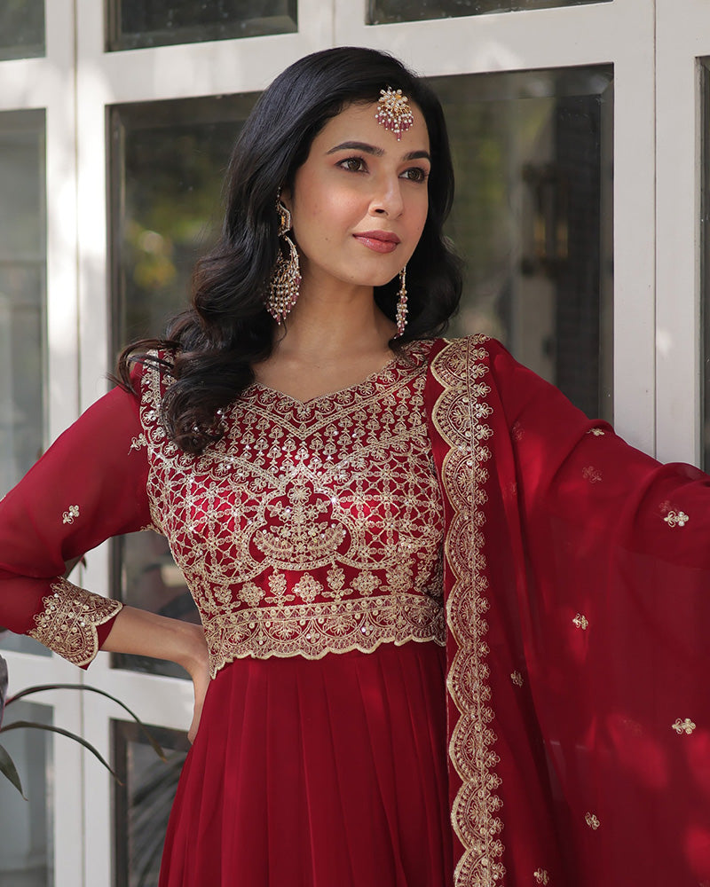 Ruby Red Color Faux Blooming Embroidered Gown