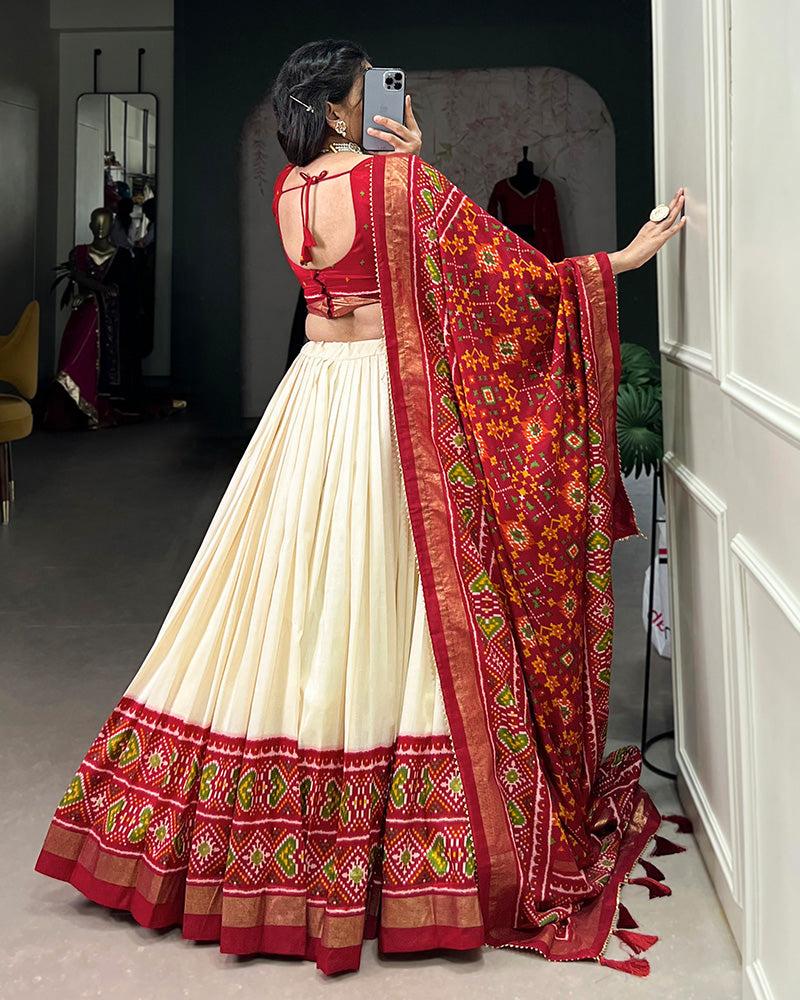 Red Color Tussar Silk Patola Printed Lehenga Choli