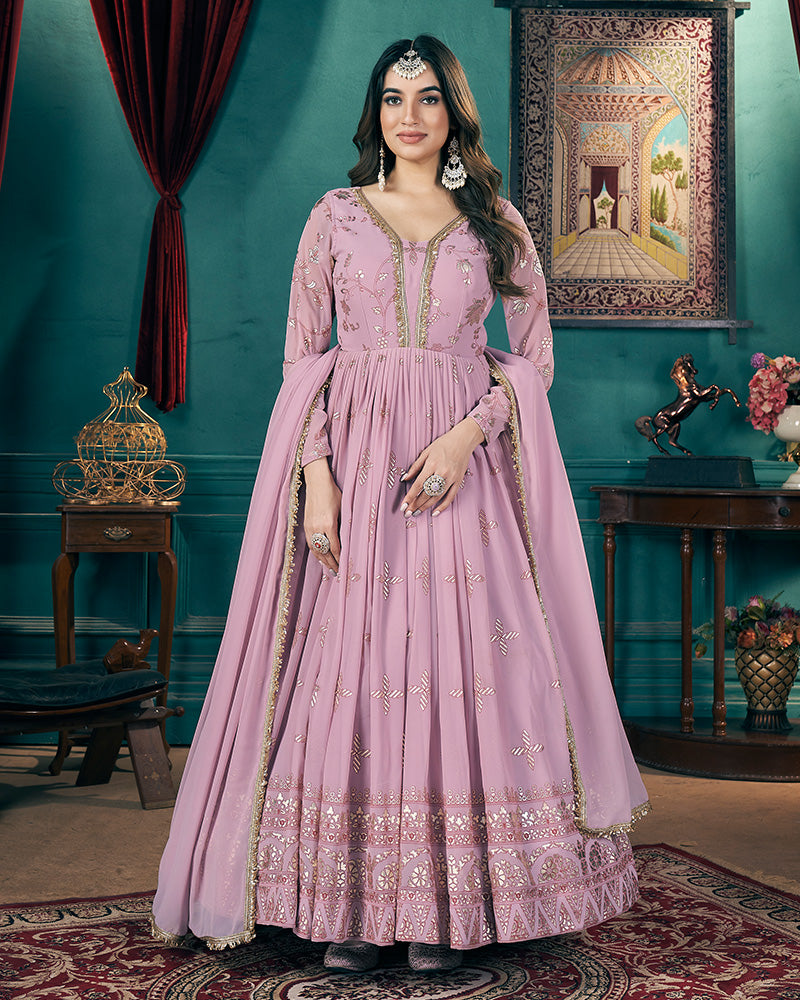 Baby Pink Color Faux Georgette Metalic Foil Work Gown With Dupatta