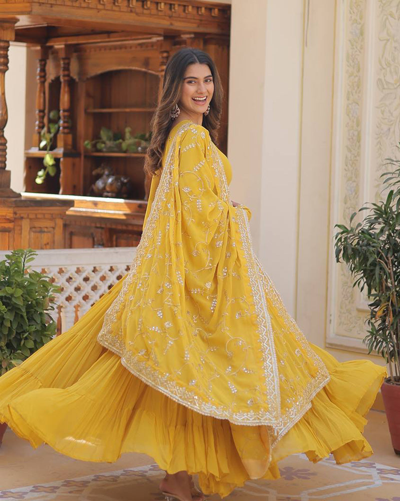 Yellow Color Faux Georgette Designer Anarkali Gown With Dupatta