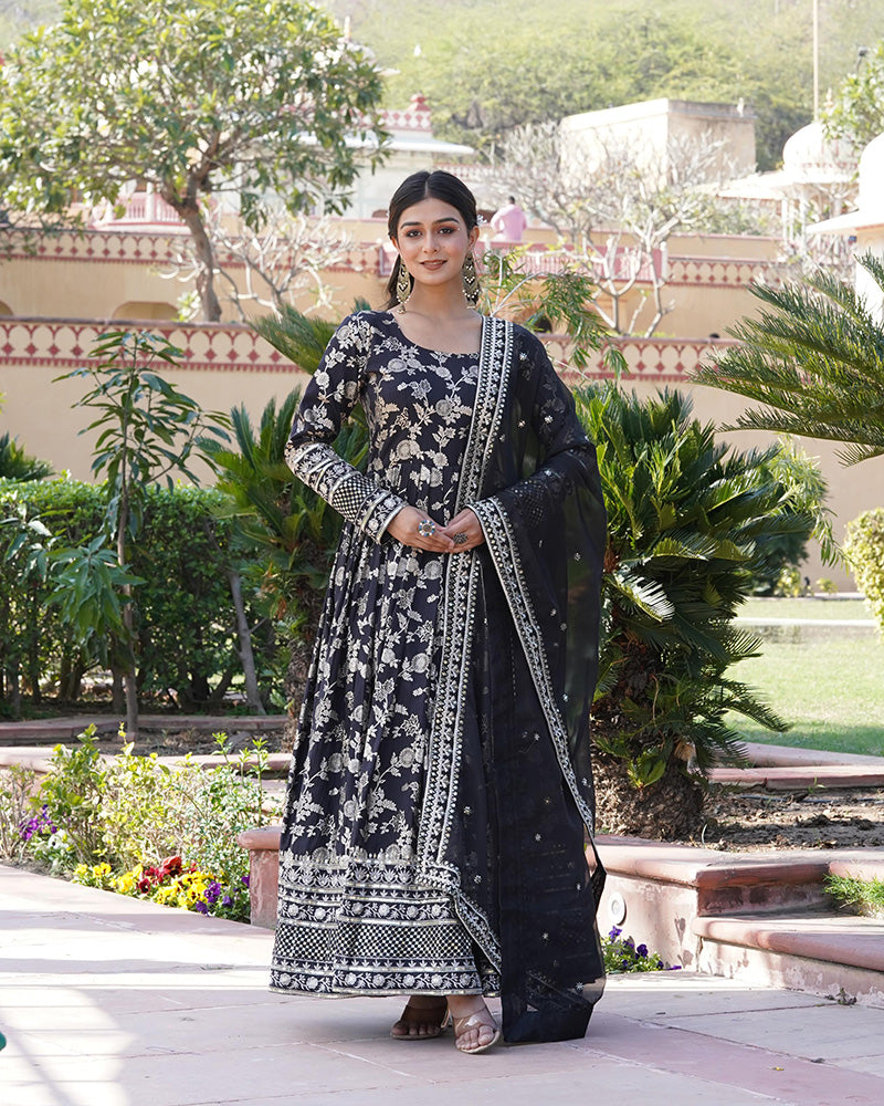 Designer Black Color Sequence embroidered Viscose Jacquard Gown With Dupatta
