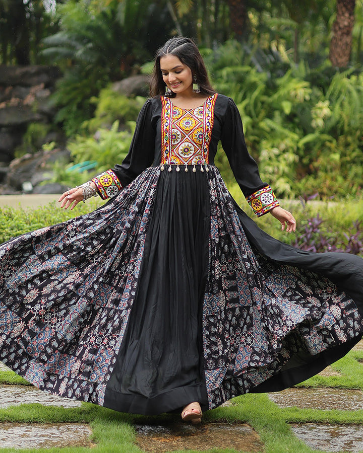 Black Color Rayon Gamthi Work Navratri Gown