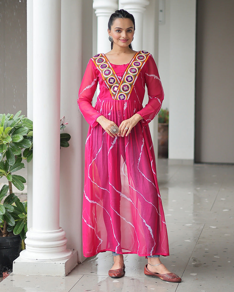 Pink Color Faux Georgette Kutchi Work Navratri Kurti