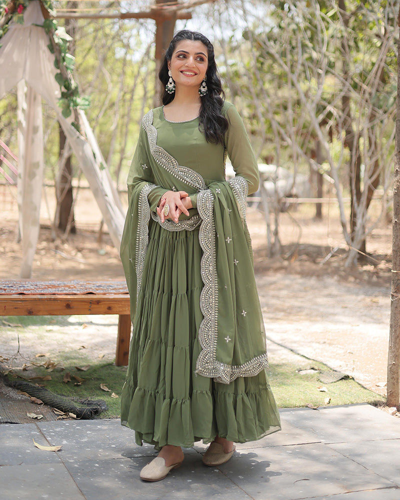 Mehndi Color Designer Embroidered Gown With Dupatta