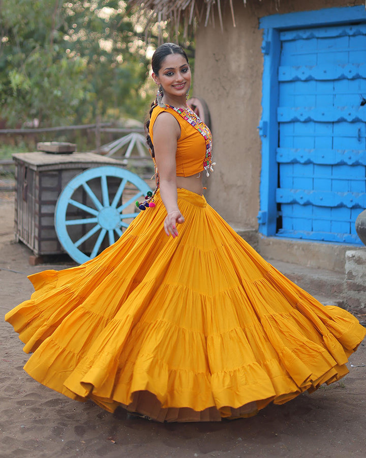 Mustard Color Rayon Embroidered Navratri Lehenga Choli