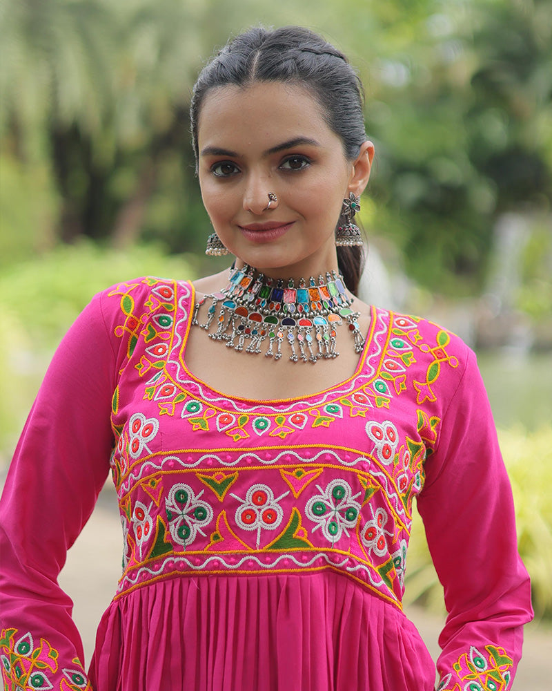 Pink Color Rayon Gamthi Work Navratri Kurti