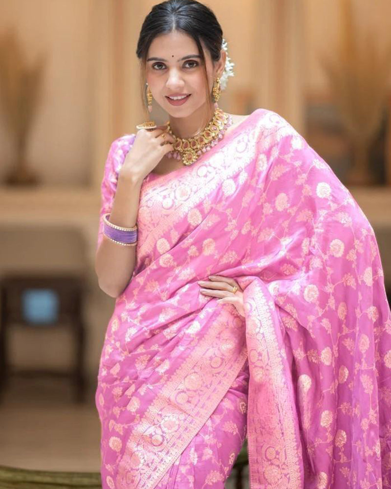 Pink Color Banarasi Jacquard With Zari Work Saree