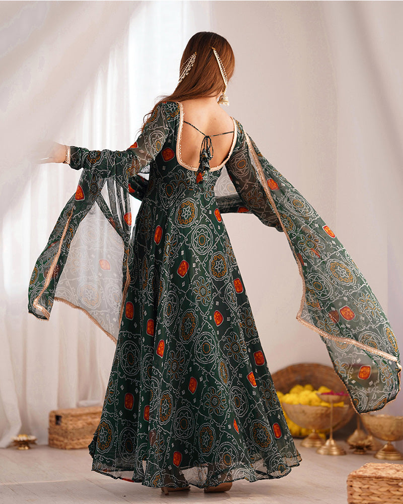 Green Color Bandhej Print Soft Chiffon Anarkali Gown