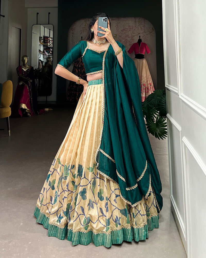 Teal Green Color Green Silk Printed Lehenga Choli