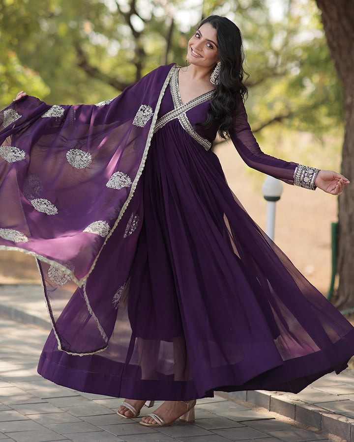 Wedding Wear Embroidered Wine Color Alia Cut Gown With Dupatta